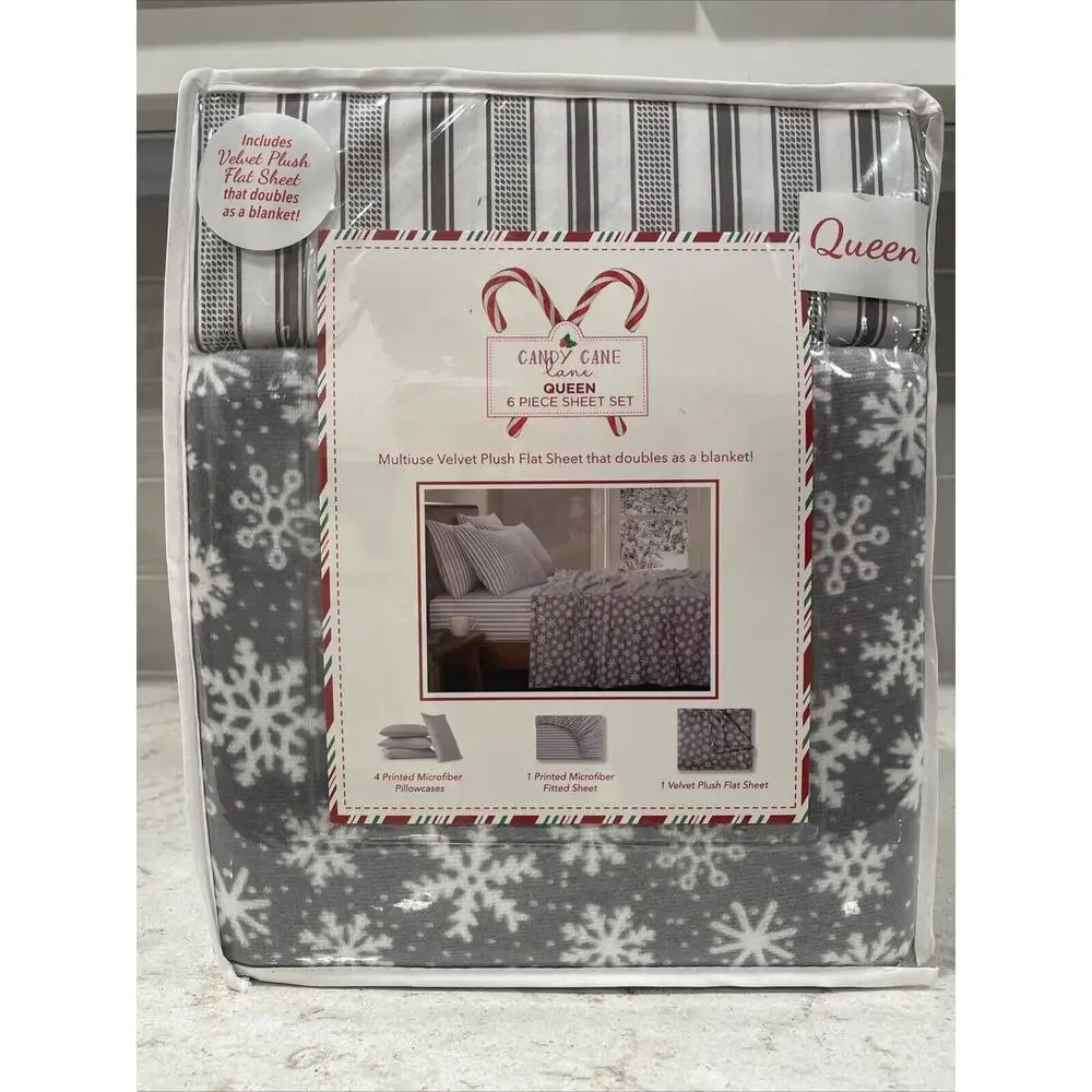 6 Pc SNOWFLAKES Queen Set Winter Holiday Sheets Gray Stripe Plush Sheet Blanket